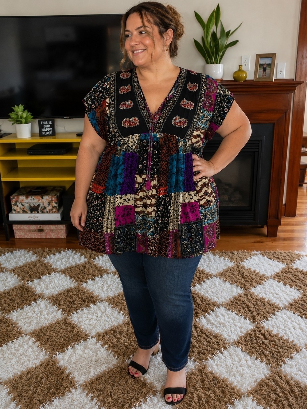 SHEIN Curve 0XL Boho Patchwork Peasant Blouse V-Neck 100% Viscose